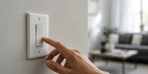 Hand pressing a white wall light plate representing a buzzing light switch.